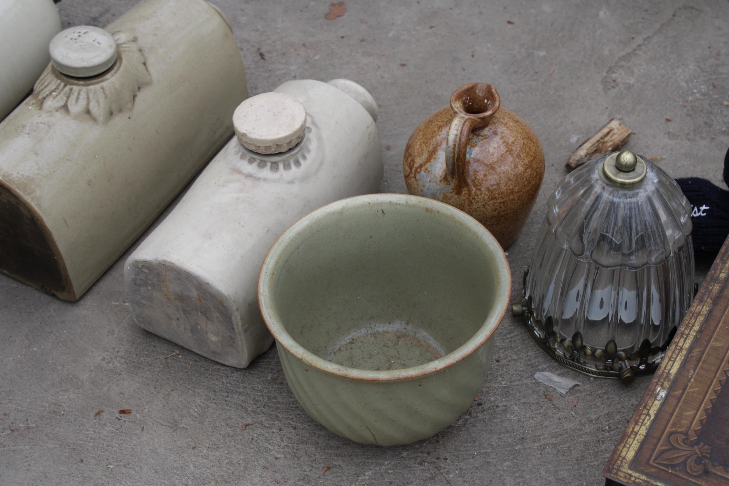 AN ASSORTMENT OF ITEMS TO INCLUDE FOUR STONEWARE HOT WATER BOTTLES AND A TREEN BOX ETC - Image 2 of 2