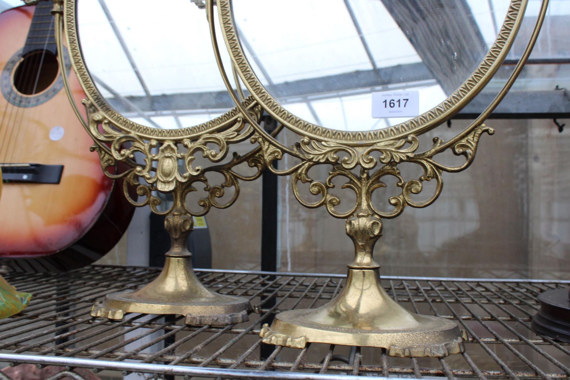 A PAIR OF DECORATIVE BRASS SWING FRAME DRESSING TABLE MIRRORS - Image 2 of 2