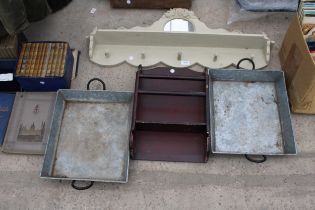 TWO WOODEN WALL SHELVES AND TWO METAL TRAYS