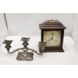 A BENTIMA MAHOGANY CASED MANTLE CLOCK PLUS A SILVER PLATED THREE BRANCHED CANDLEABRA