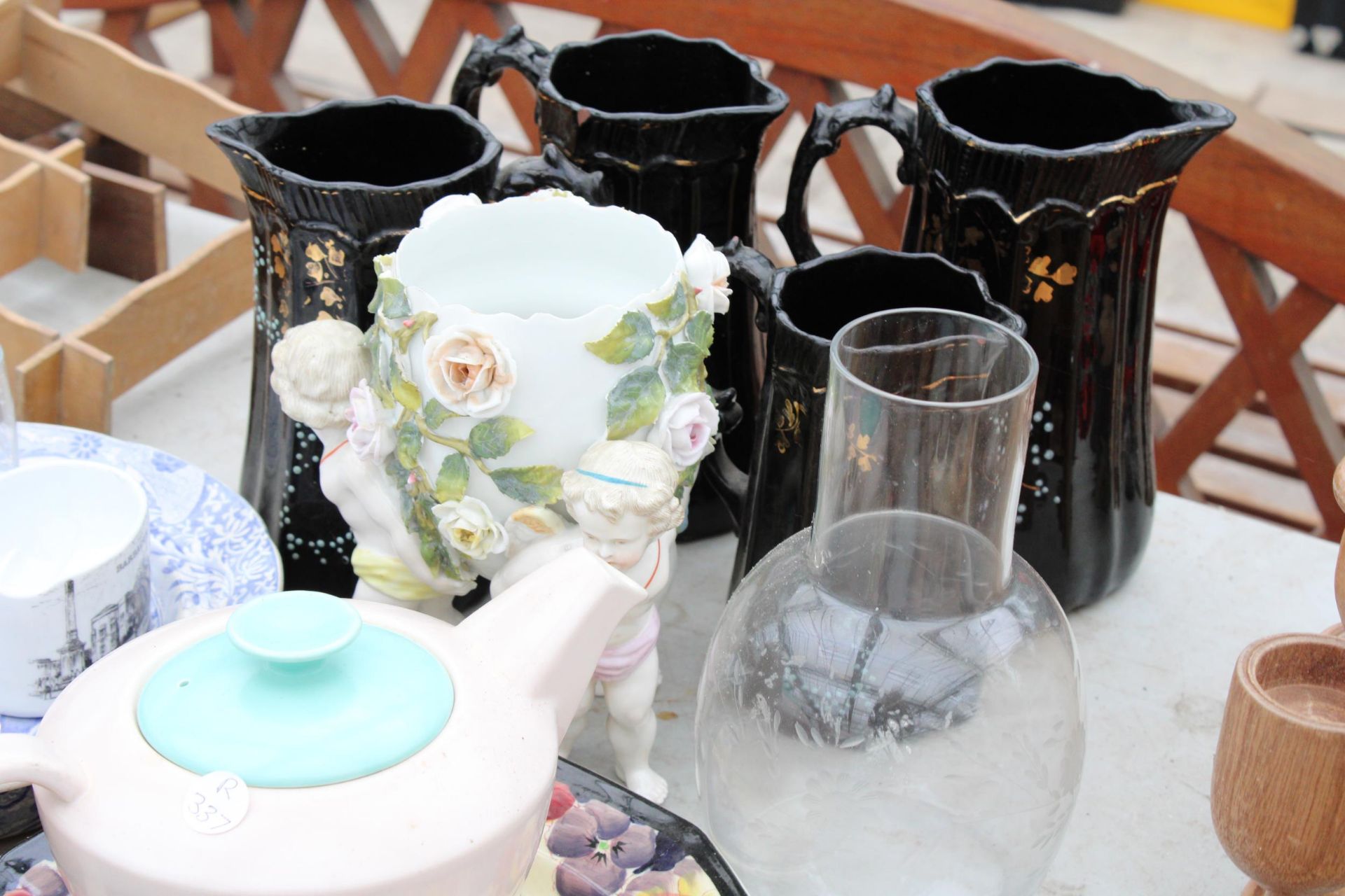 AN ASSORTMENT OF CERAMICS TO INCLUDE FOUR JACKFIELD STYLE JUGS, TEAPOTS AND PLATES ETC - Image 3 of 3