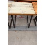 A RUSTIC FOUR PLANK TABLE, 27" SQUARE ON METAL LEGS