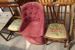 TWO EDWARDIAN MAHOGANY AND INLAID BEDROOM CHAIRS WITH WOOLWORK SEATS AND MODERN BEDROOM