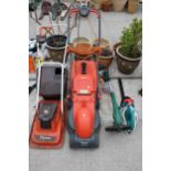 A BOSCH ELECTRIC HEDGE TRIMMER, AN ELECTRIC GRASS STRIMMER AND TWO ELECTRIC FLYMO LAWN MOWERS