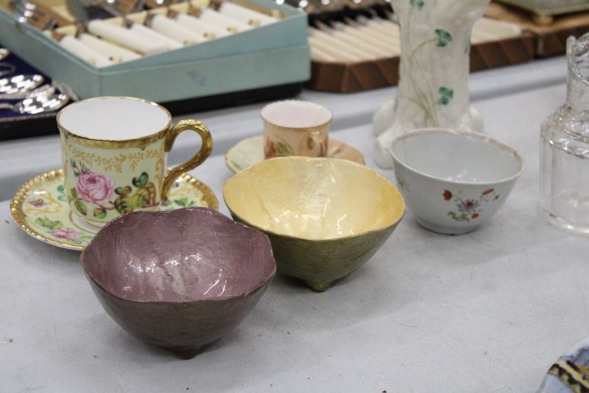 A ROYAL WORCESTER, SAMUEL ASTLES, 'ENGLISH FLOWERS' CUP SND SAUCER, BELLEEK TREE STUMP VASE, - Image 2 of 5