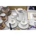 A MINTON'S 'SALISBURY' PART TEASET TO INCLUDE A TEAPOT, PEWTER LIDDED MILK JUG, SUGAR BOWL, CREAM