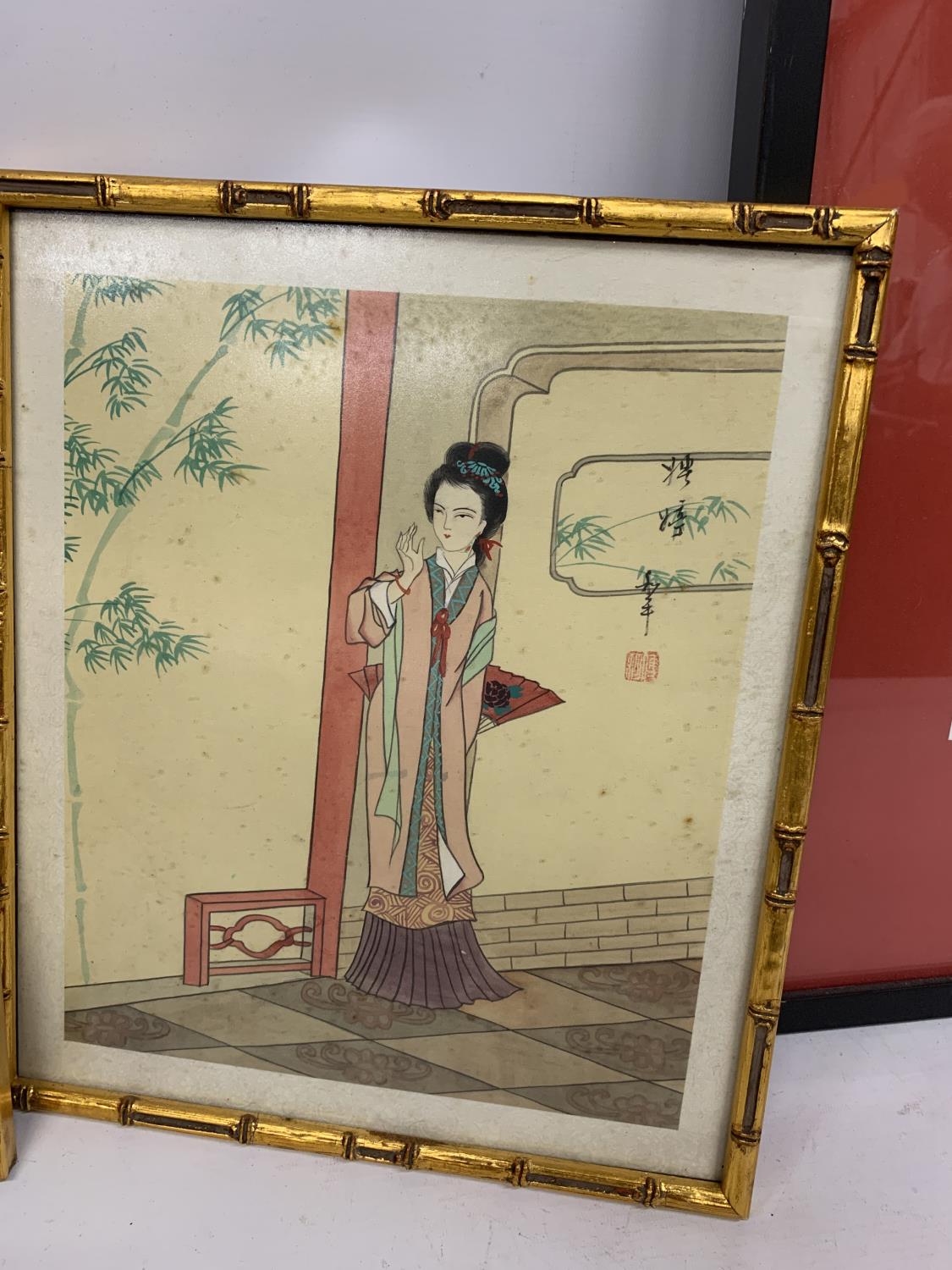 TWO JAPENESE WATERCOLOURS ON SILK IN BAMBOO FRAMES - 13.5 CM X 25 CM - Image 3 of 4