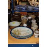 A LARGE COLLECTION OF STUDIO POTTERY TO INCLUDE VASES, GOBLETS, COOKING POTS, ETC