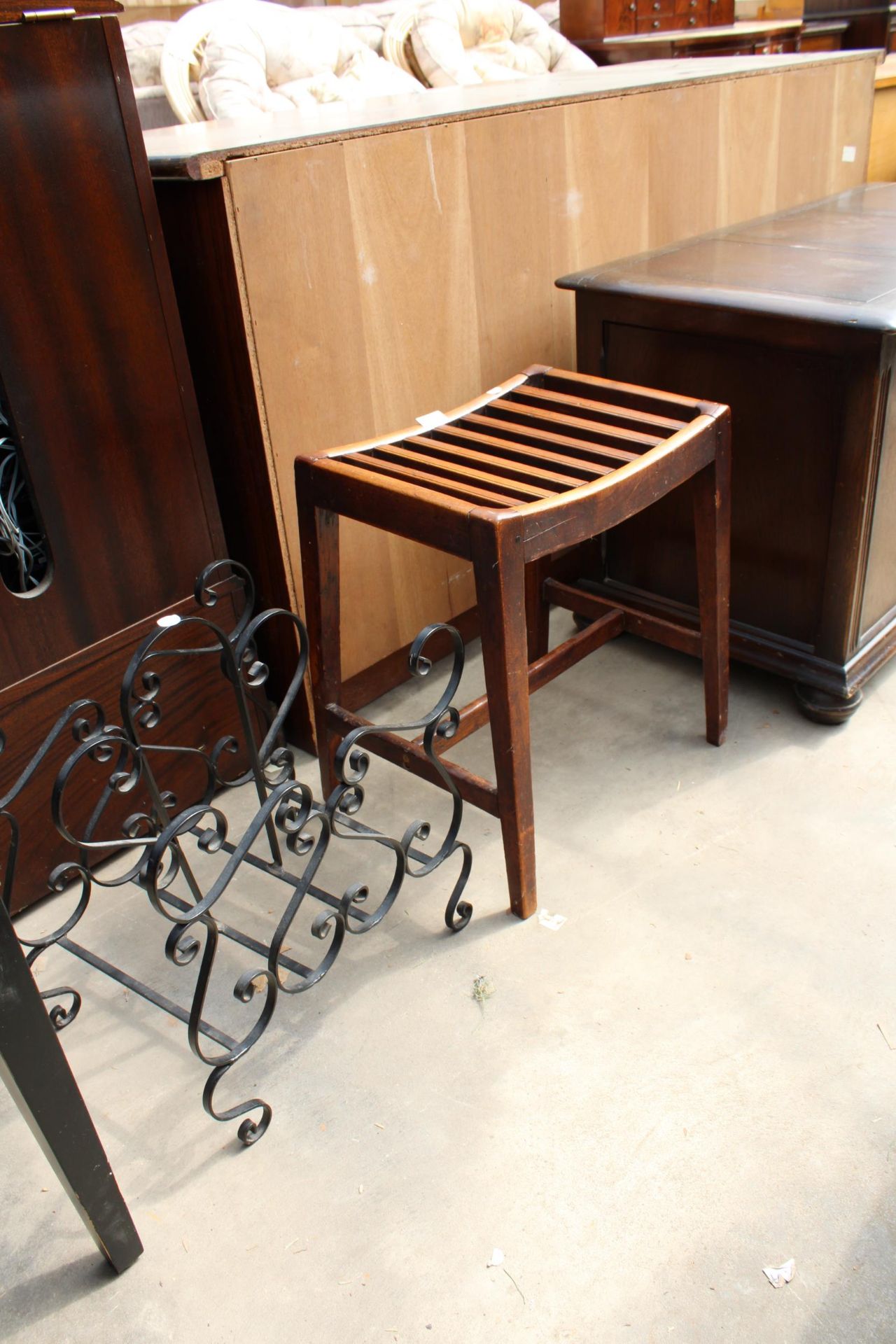 A 19TH CENTURY MAHOGANY SLATTED STOOL AND TWO DIVISION WROUGHT IRON MAGAZINE RACK - Image 2 of 2