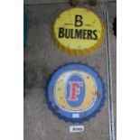 TWO BOTTLE CAP STYLE SIGNS TO INCLUDE BULMERS