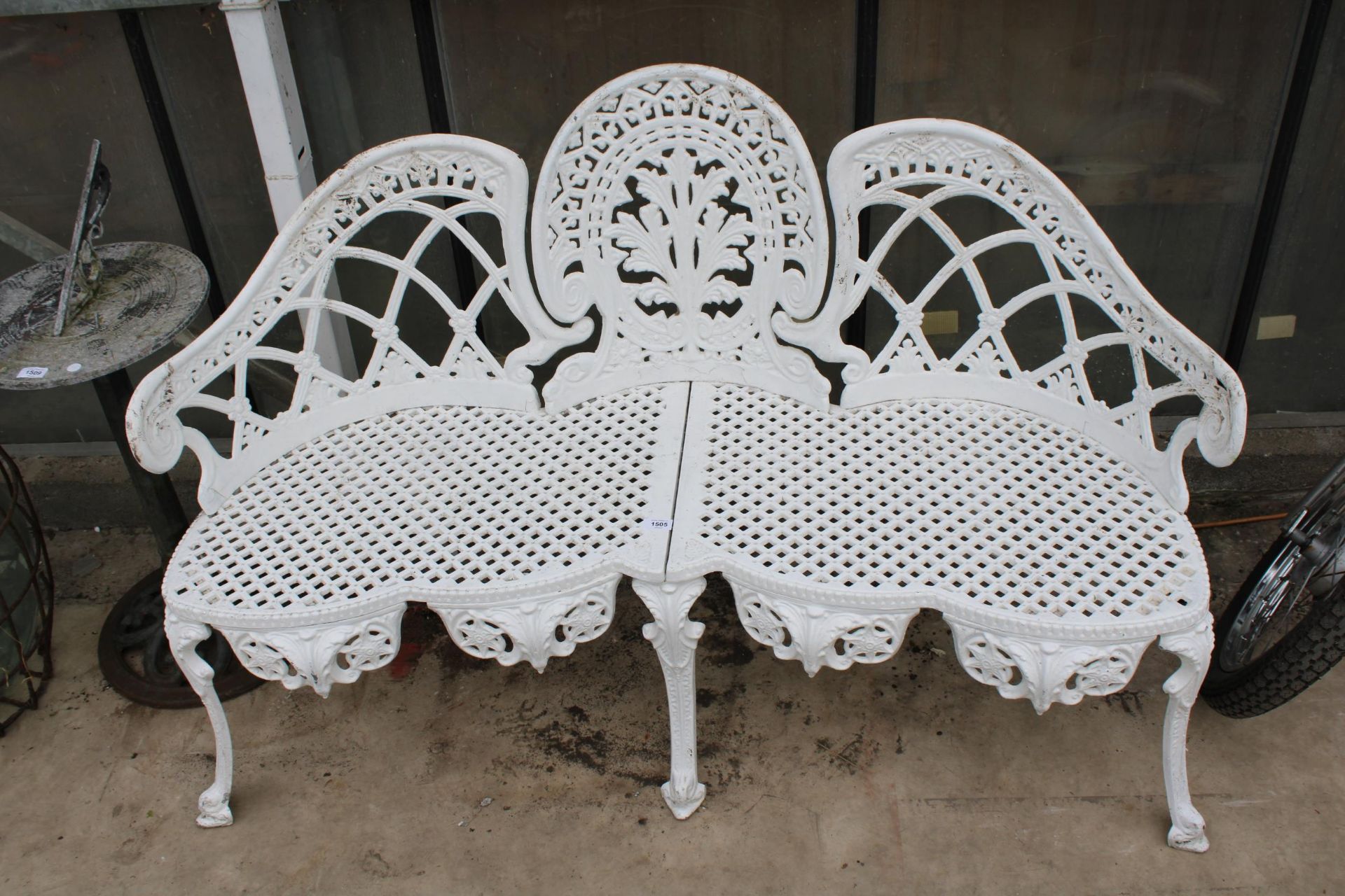 A DECORATIVE WHITE PAINTED CAST ALLOY THREE SEATER BENCH - Image 2 of 3