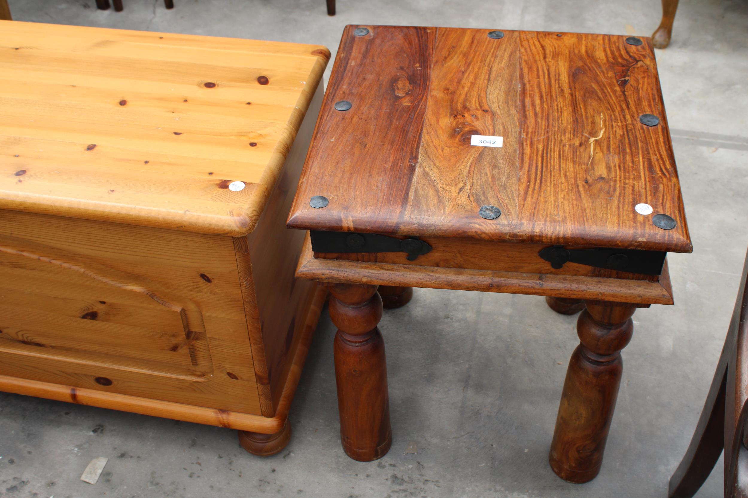 A HARDWOOD LAMP TABLE, MODERN PINE BLANKET CHEST AND THREE DRAWER BEDSIDE CHEST - Image 2 of 3