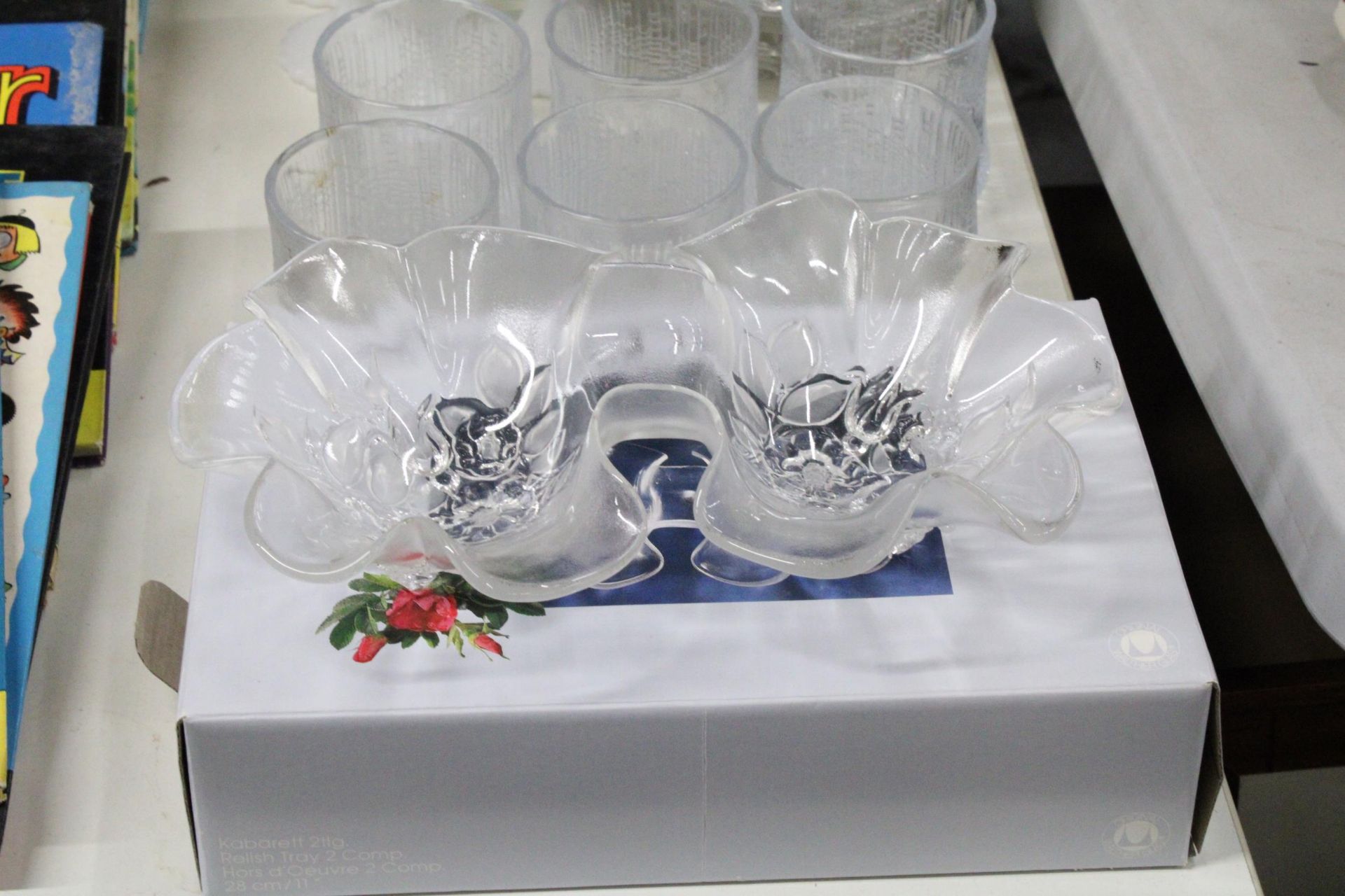 A QUANTITY OF GLASSWARE TO INCLUDE A WHITE BOTTLE AND GOBLETS, TUMBLERS, PLATES AND A 'BIANCA' - Image 2 of 6