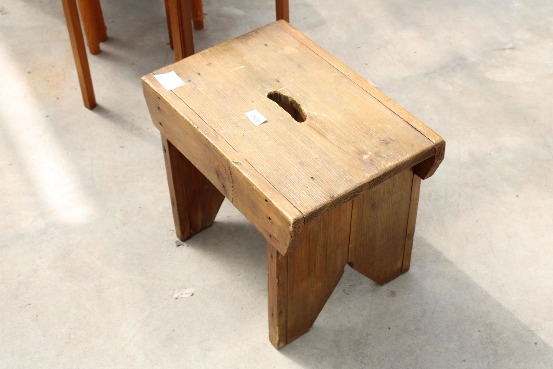 A PINE STOOL, SMALL TEAK TABLE AND A NEST OF TWO TABLES - Image 2 of 3