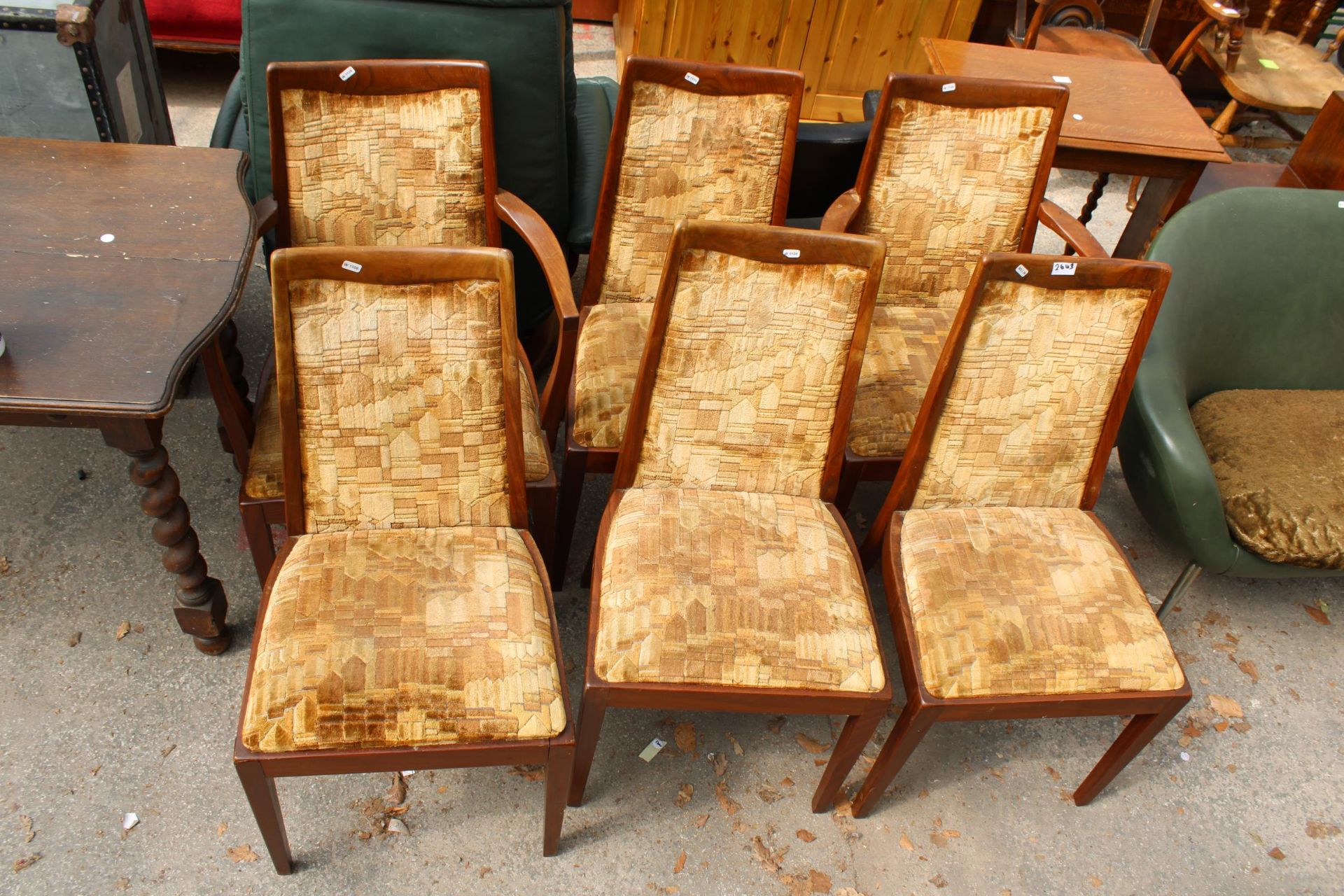 A SET OF SIX RETRO TEAK G.PLAN DINING CHAIRS, TWO BEING CARVERS