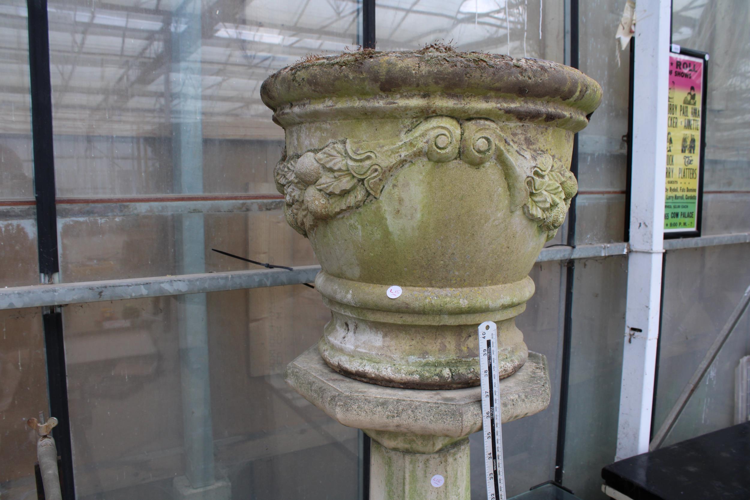 A LARGE RECONSTITUTED STONE PLANTER ON COLUMN PEDESTAL BASE (H:132CM) - Image 3 of 4