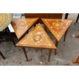 THREE MODERN TRIANGULAR ITALIAN OCCASIONAL TABLES WITH LIFT-UP TOPS (PREVIOUSLY MUSICAL TABLES)