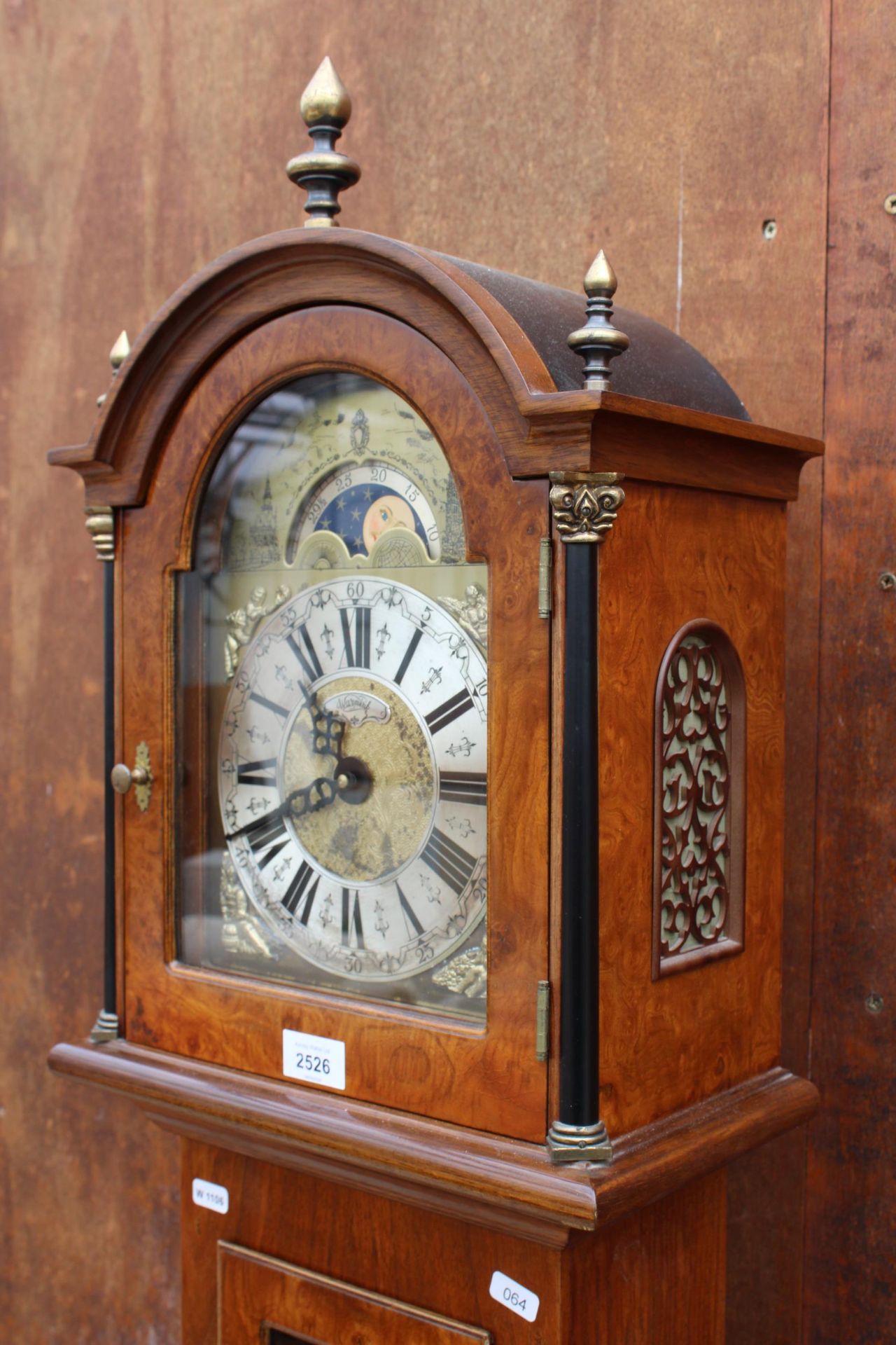 A MODERN WALNUT GRANDMOTHER CLOCK WITH ROLLING MOON BY WARMINK AFTER CORNELUS UYLERWEER - Image 2 of 8