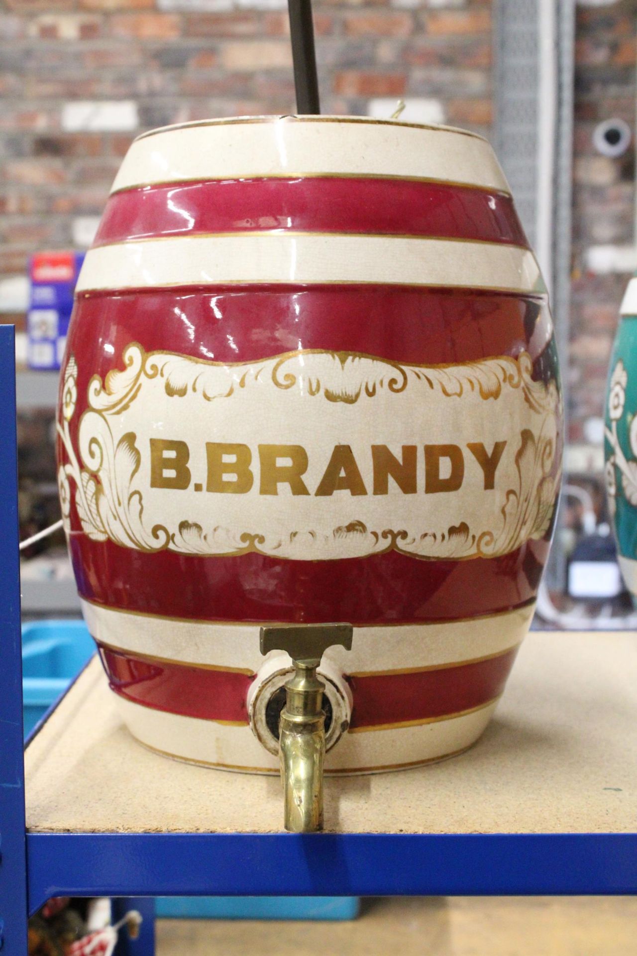 A LARGE STONEWARE B.BRANDY KEG WITH TAPS CONVERTED TO A LAMP. APPROX HEIGHT OF BARREL 32.5CM. - Image 2 of 5