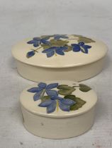 TWO SMALL UNMARKED MOORCROFT CAMPANULA OVAL TRINKET BOXES