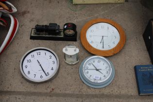 FIVE VARIOUS CLOCKS TO INCLUDE ONE IN THE FORM OF A TRAIN