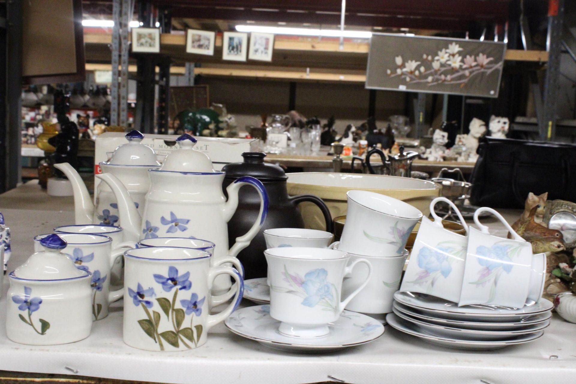 TWO VINTAGE HANDPAINTED COFFEPOTS TO INCLUDE MUGS AND LIDDED SUGAR BOWL, BODUM GOOD MORNING SET,