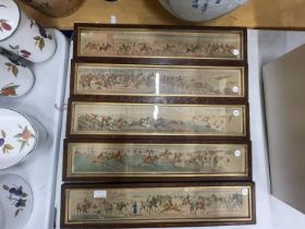 FIVE VINTAGE OBLONG HUNTING SCENE FRAMED PRINTS