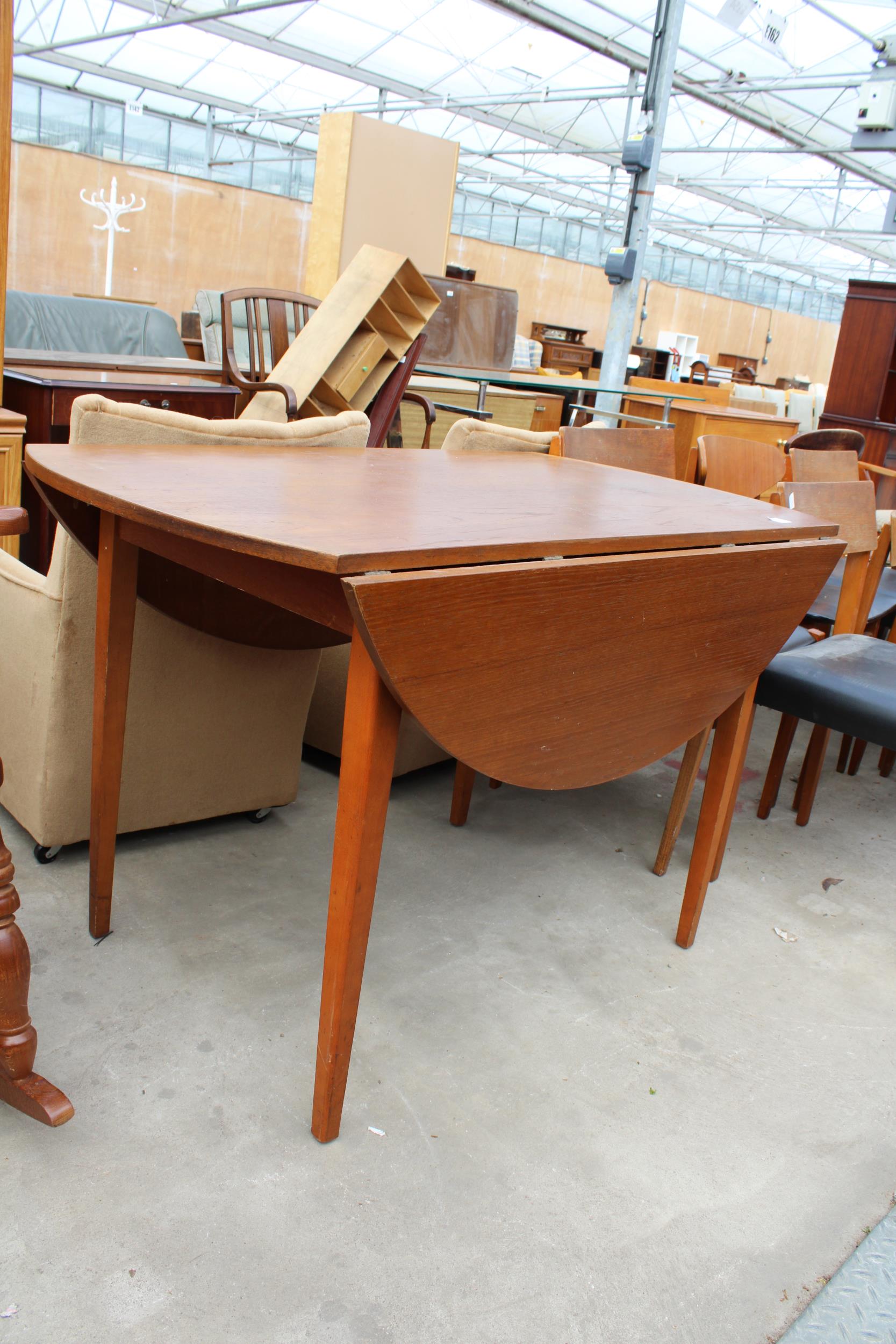 SIX VARIOUS RETRO TEAK DINING CHAIRS AND RETRO TEAK OVAL DROP-LEAF DINING TABLE, 49" X 45" OPENED - Image 2 of 3
