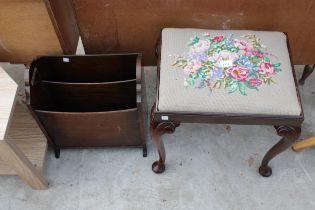 A MID 20TH CENTURY MAHOGANY STOOL ON CABRIOLE LEGS WITH WOOLWORK TOP AND OAK TWO DIVISION MAGAZINE