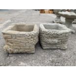 TWO DECORATIVE CONCRETE SQUARE PLANTERS NO VAT