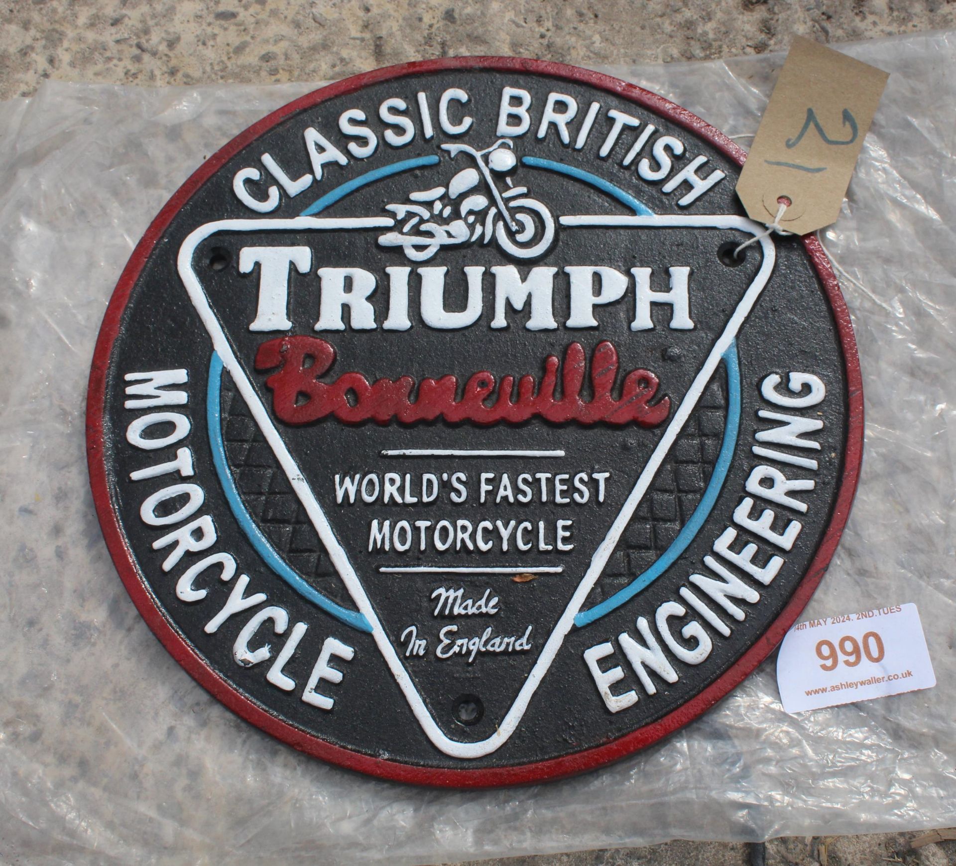 CAST IRON TRIUMPH BONNE VILLE MOTORBIKE SIGN NO VAT