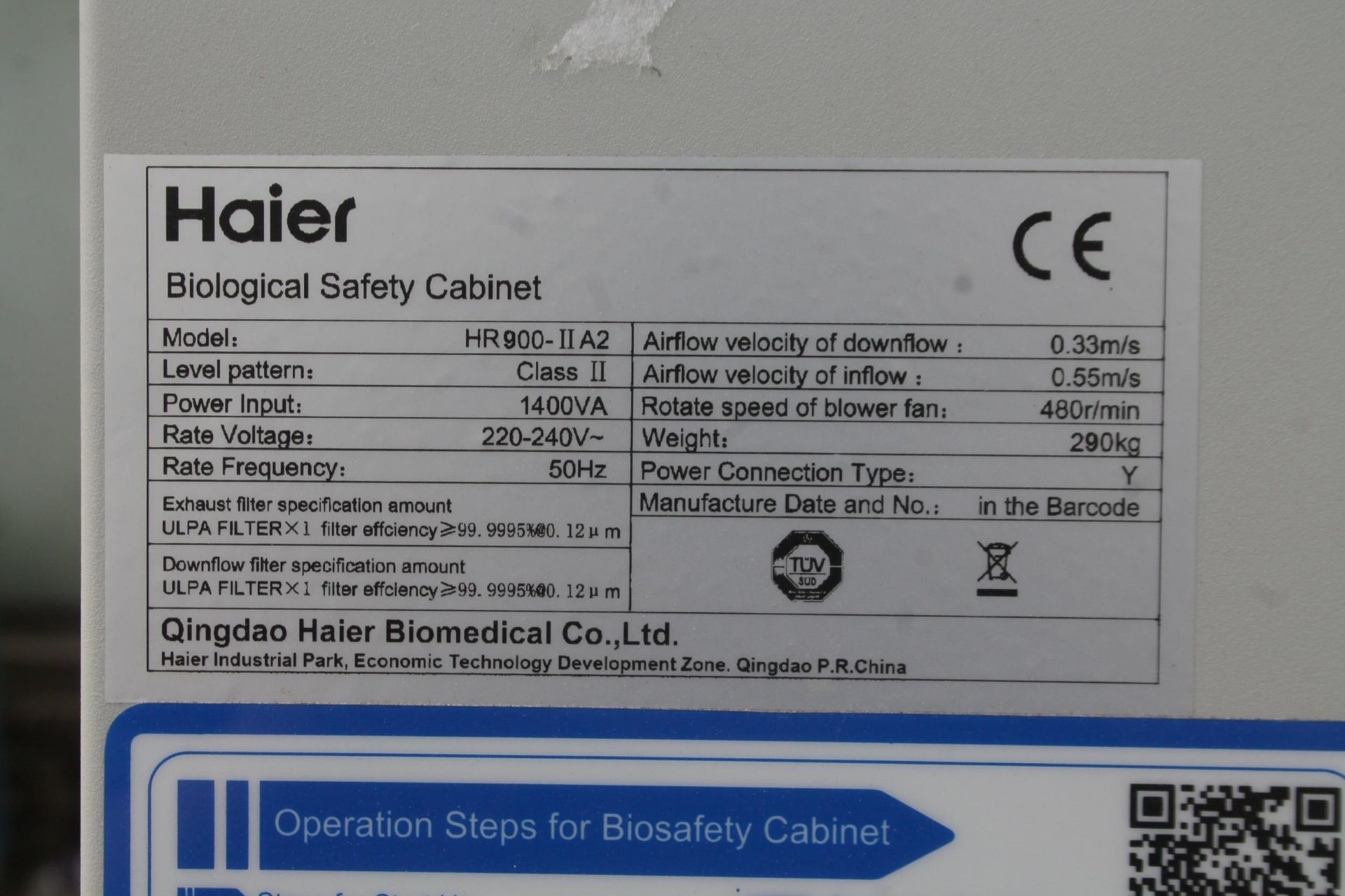 HAIER CLASS II MICROBIOLOGICAL SAFETY CABINET FUME EXTRACTOR. STAINLESS INTERNALS, HEPA FILTRATION - Image 2 of 3