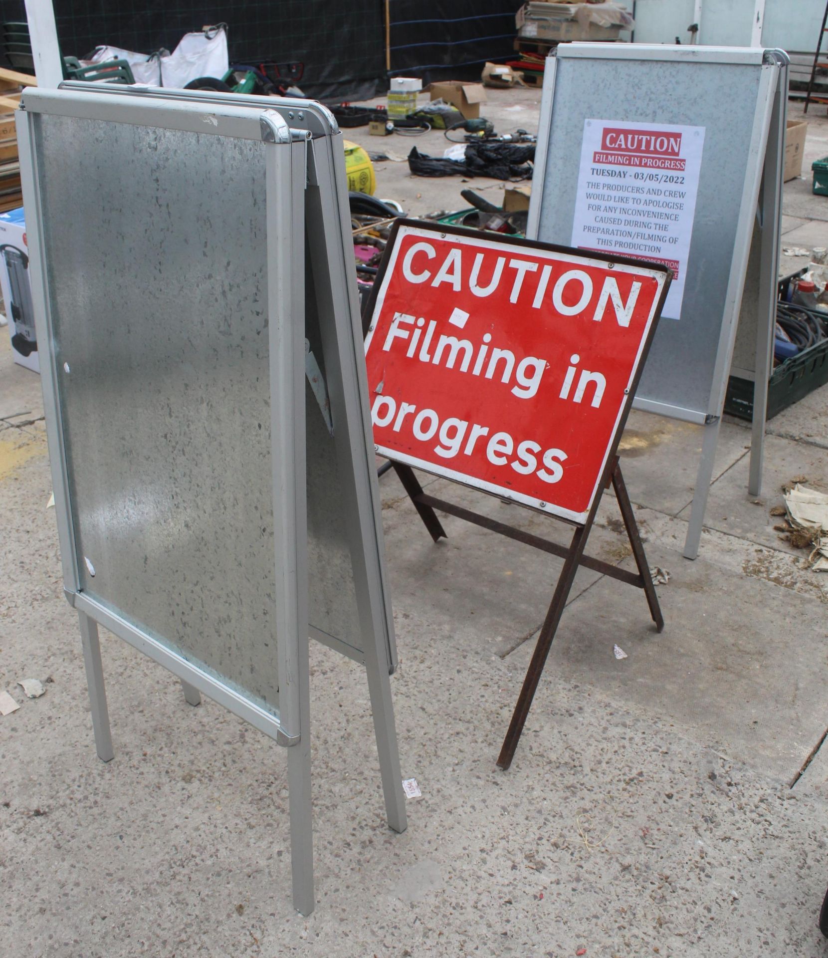 2 ALUMINIUM SANDWICH BOARDS AND FILMING IN PROGRESS SIGN NO VAT