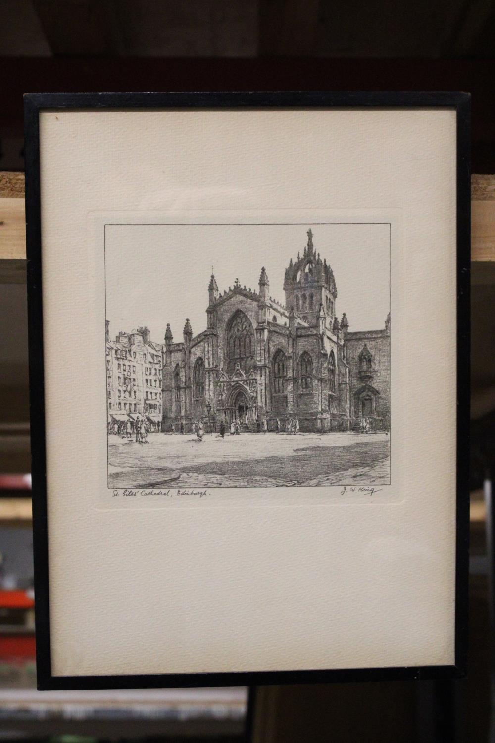 TWO FRAMED PENCIL SKETCHES OF HOLYROOD PALACE AND ST. GILES CATHEDRAL, EDINBURGH, SIGNED J W KING - Image 2 of 3