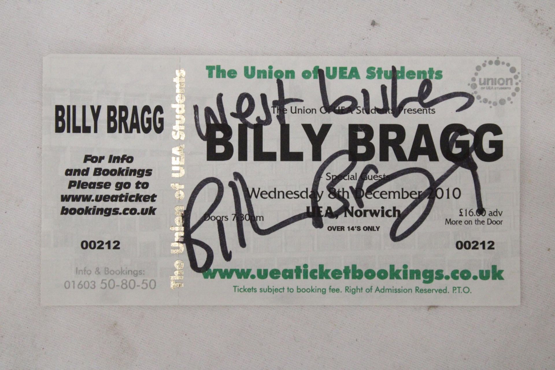 A SIGNED BILLY BRAGG ON NORWICH STUDENT UNION TICKET - Image 2 of 3