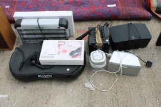 AN ASSORTMENT OF ITEMS TO INCLUDE A ROCKSAM KAREOKE MACHINE, SONOS SPEAKERS AND A FITNESS BOARD ETC