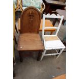 A VICTORIAN PITCH PINE HALL CHAIR AND A PAINTED BEDROOM CHAIR
