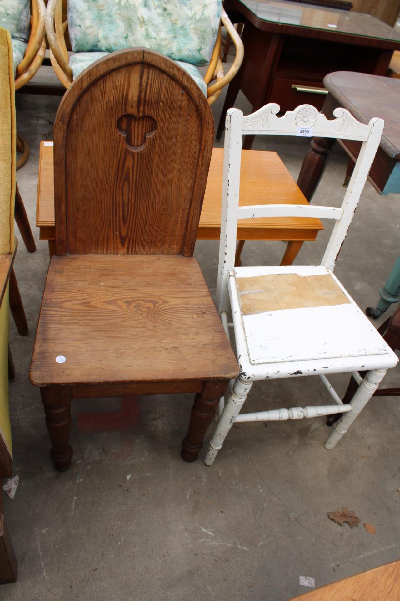 A VICTORIAN PITCH PINE HALL CHAIR AND A PAINTED BEDROOM CHAIR