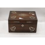 A VINTAGE MAHOGANY WORK BOX WITH MOTHER OF PEARL INLAY
