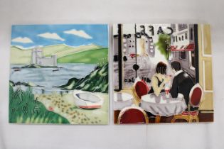 TWO HAND PAINTED CERAMIC TILES TO INCLUDE KISIMUL CASTLE PLUS A INDOOR CAFE SCENE