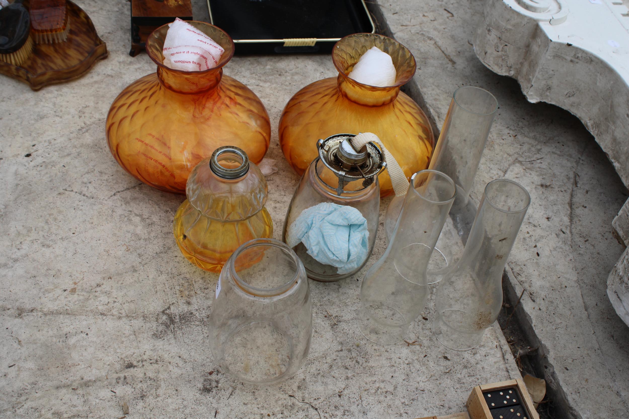 TWO GLASS OIL LAMPS WITH CLEAR AND ORANGE GLASS SHADES - Image 2 of 2
