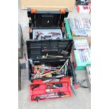 A PLASTIC TOOL BOX AND A TOOL BOX WORKMAGTE WITH AN ASSORTMENT OF TOOLS TO INCLUDE HAMMERS, SCREW