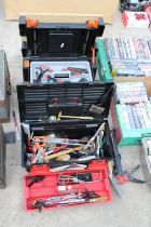 A PLASTIC TOOL BOX AND A TOOL BOX WORKMAGTE WITH AN ASSORTMENT OF TOOLS TO INCLUDE HAMMERS, SCREW