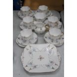 A VINTAGE SHELLEY HANDPAINTED DAINTY SHAPE TEACUPS AND SAUCERS TO INCLUDE SUGAR, CREAMER, CAKE/BREAD