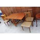 A RETRO TEAK DROP-LEAF DINING TABLE, 57" X 33" OPENED AND FOUR DINING CHAIRS