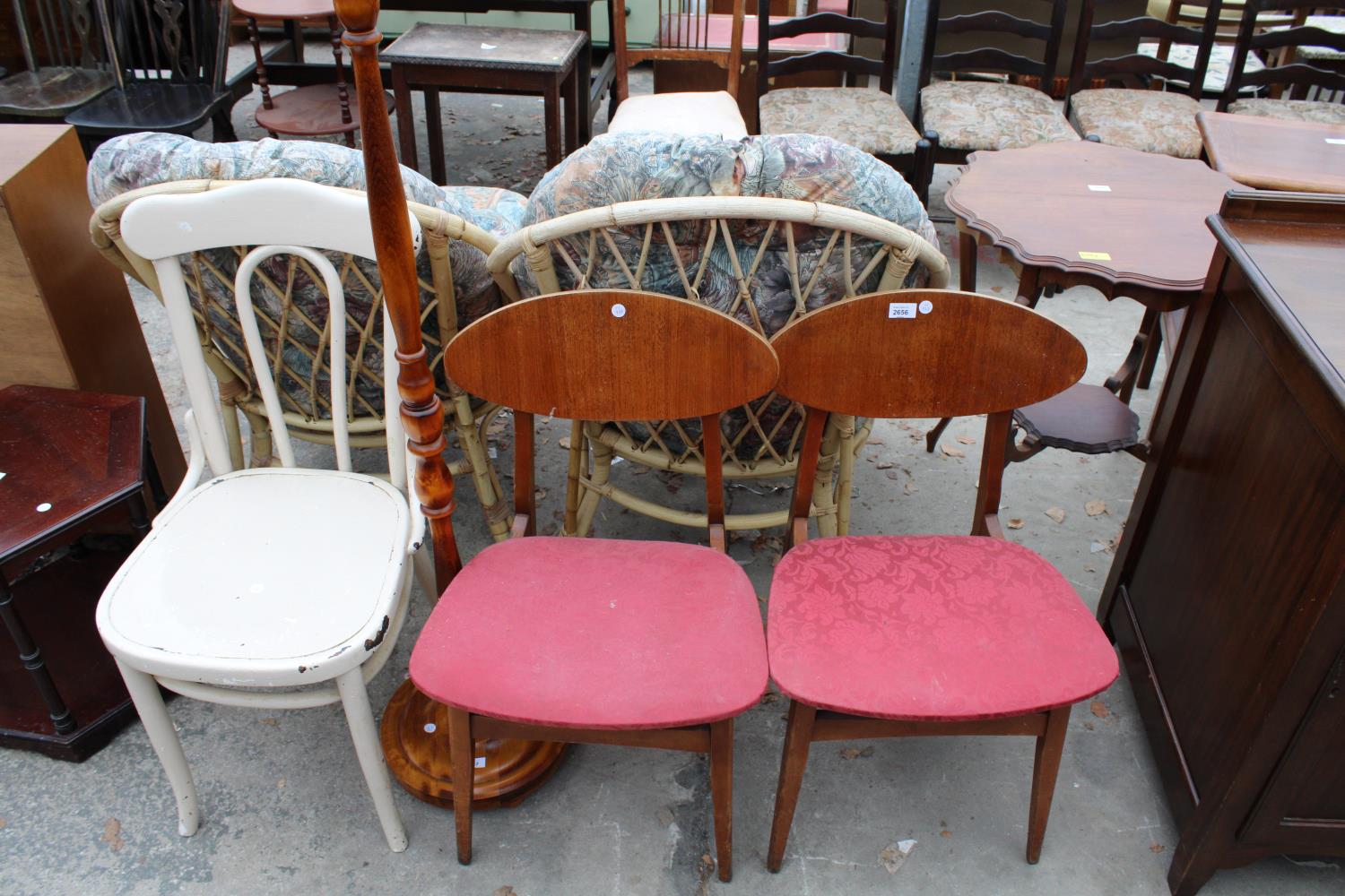 A PAIR OF RETRO TEAK DINING CHAIRS, PAINTED BENTWOOD BEDROOM CHAIR AND A TURNED COLUMN STANDARD LAMP