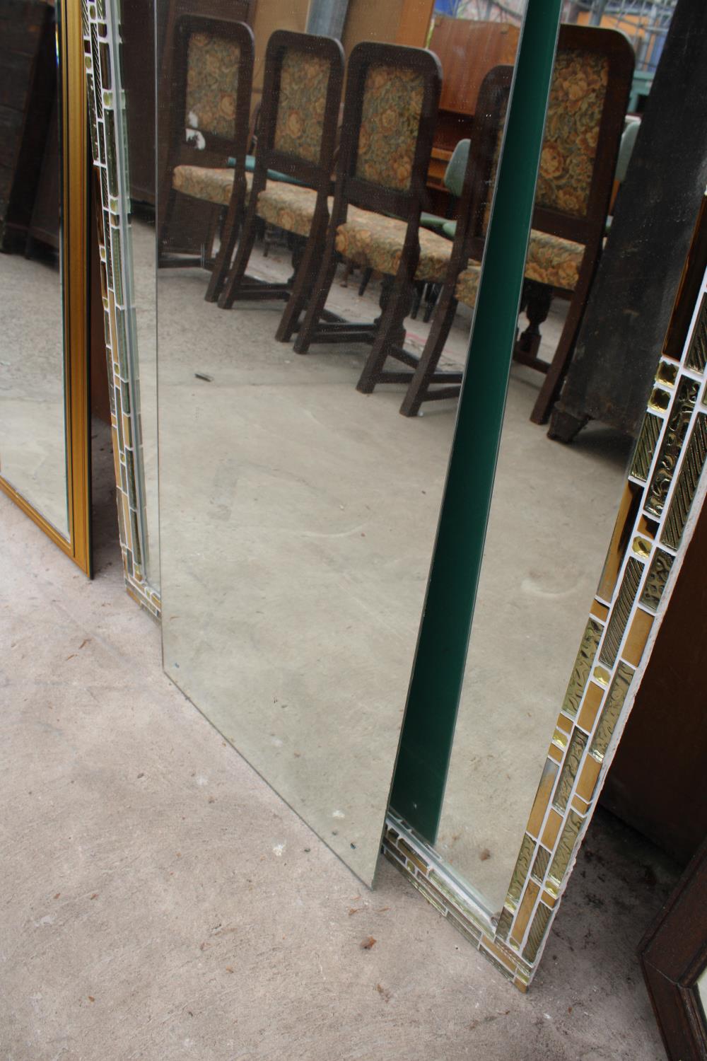 A LARGE MIRROR WITH COLOURED GLASS SIDE PANELS, 57" X 32" AND A FRAMELESS MIRROR - Image 3 of 3