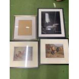 THREE FRAMED PRINTS AND A PICTURE FRAME TO INCLUDE TWO WITH BANTAMS, ETC