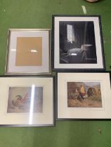 THREE FRAMED PRINTS AND A PICTURE FRAME TO INCLUDE TWO WITH BANTAMS, ETC