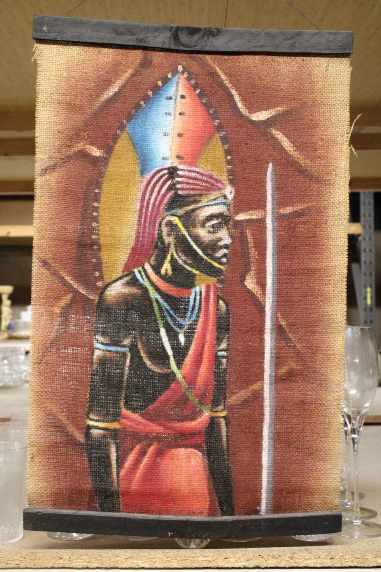 THREE AFRICAN HAND PAINTED ETHNIC ART ON SACK CLOTH, 36CM X 57CM - Image 4 of 4